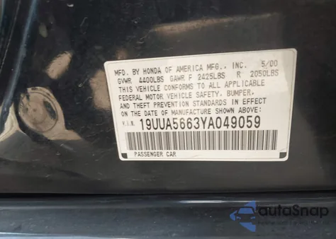 2000 Acura Tl 3.2 из США, поврежденный, VIN 19UUA5663YA049059